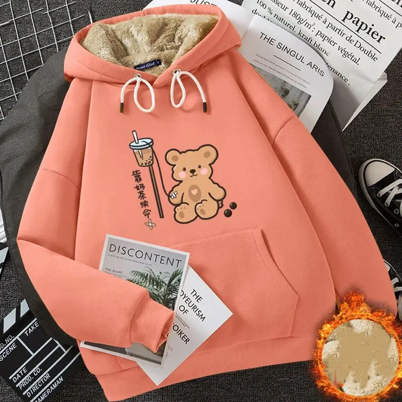 ABRINI Women Thicken Fleece Warm Hooded Pocket Long Sleeve Thermal Hoodies Sweatshirts Autumn Winter Women Printed Cute Jumpers