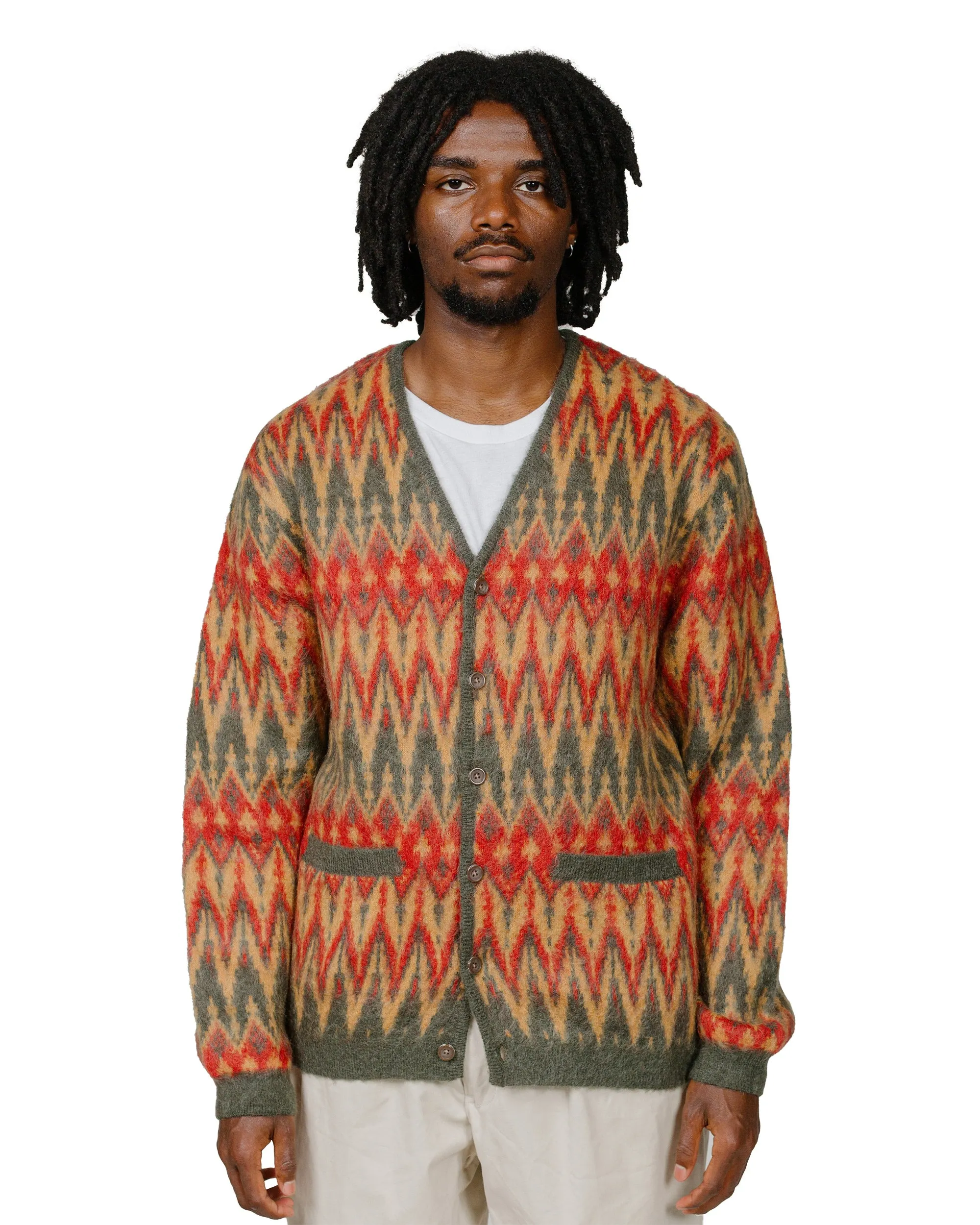 Beams Plus Cardigan Double Jacquard Chevron Pattern Green