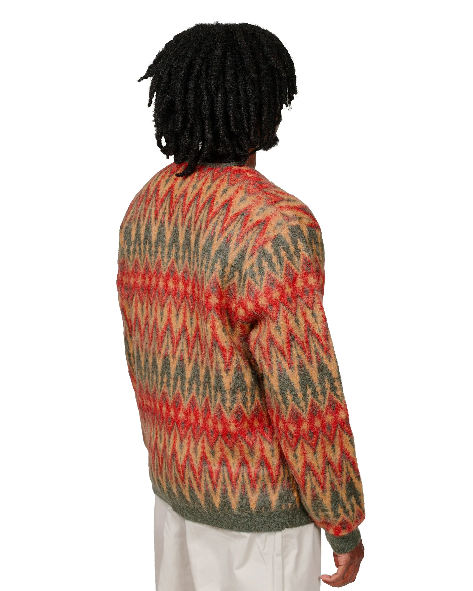 Beams Plus Cardigan Double Jacquard Chevron Pattern Green