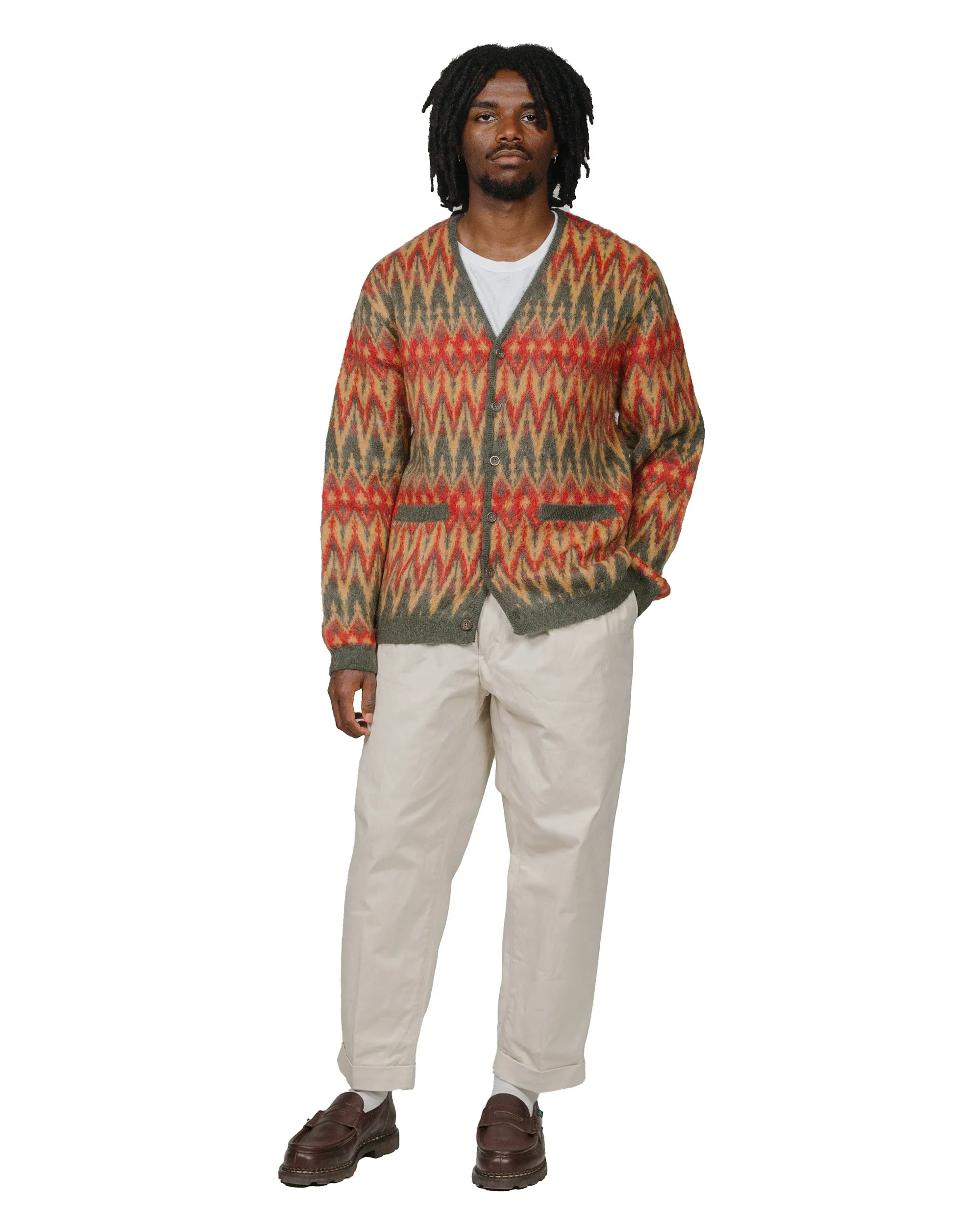 Beams Plus Cardigan Double Jacquard Chevron Pattern Green