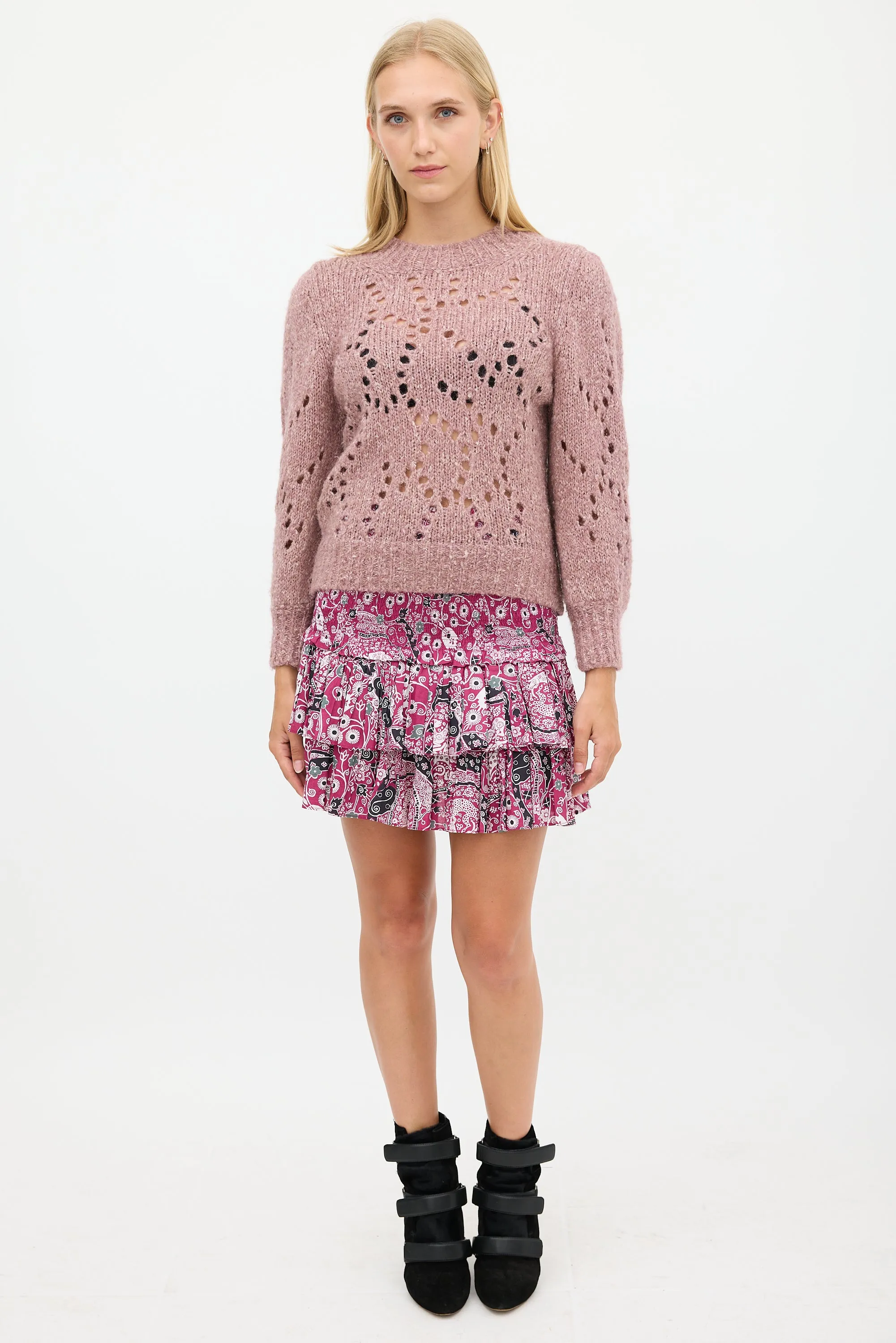 Pink Wool Eyelet Knit Sweater