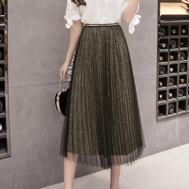 Pleated Mesh Skirt Women Mid-Length Elegant Slim Look A-Line Fairy Dress Skirt