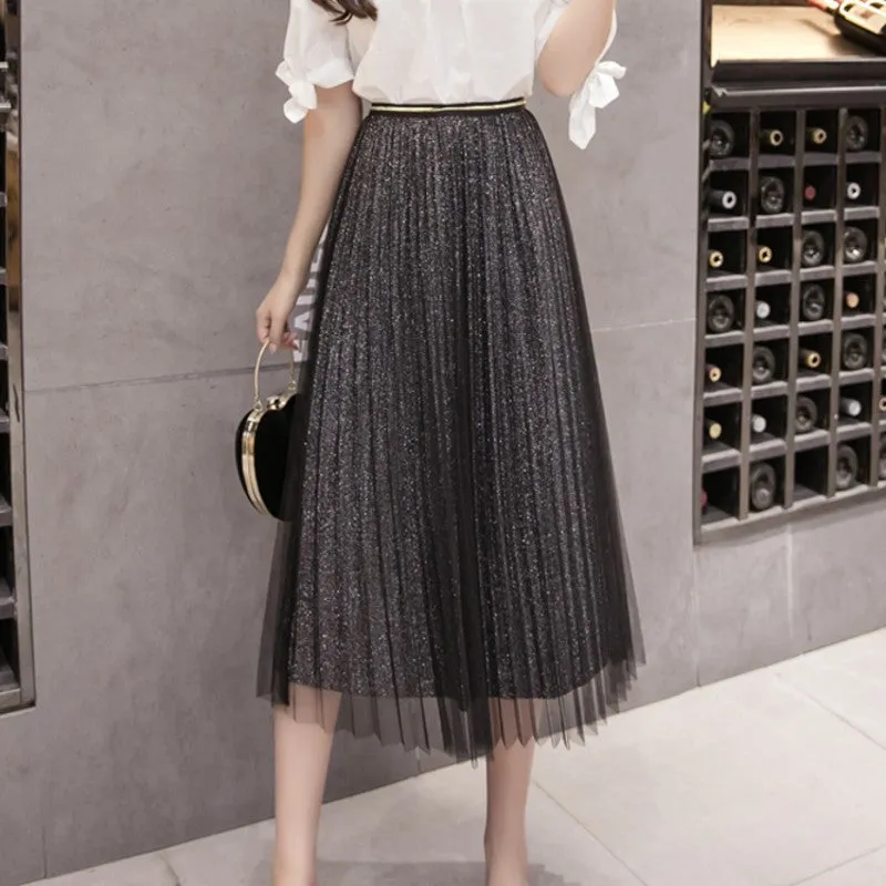 Pleated Mesh Skirt Women Mid-Length Elegant Slim Look A-Line Fairy Dress Skirt